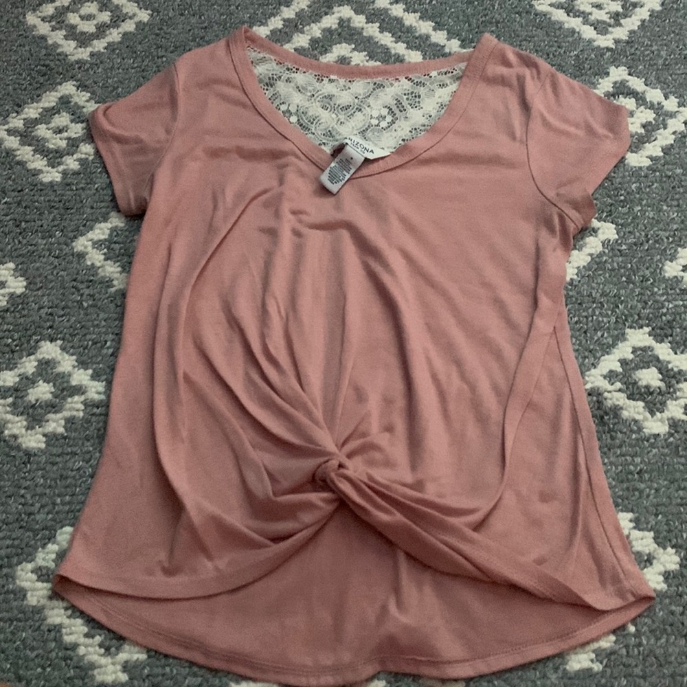 blush pink arizona jean & co shirt with cute lace back